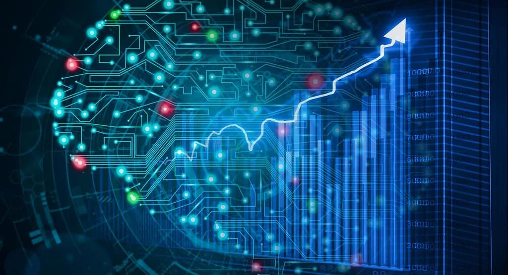 "AI-Powered Sports Models to Predict Tournament Outcomes, depicting a humanoid robot using advanced technology and data analytics represented by floating cryptocurrency coins, symbolizing the integration of AI in forecasting sports and e-sports results."