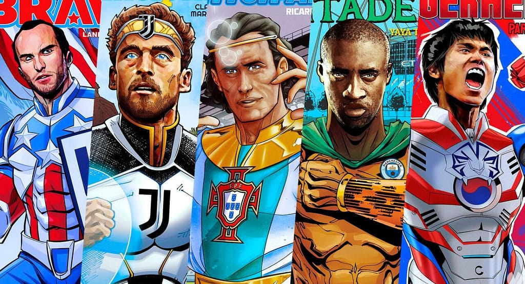 A digitally illustrated image depicting football players as superheroes in EA Sports PNG style. The left side features a muscular character wearing a green cape and armor with the Manchester City badge, standing in front of Etihad Stadium. The right side showcases a superhero in a blue and yellow suit with golden gauntlets, surrounded by energy. Both characters embody power and determination, merging sports and comic book aesthetics. Superheroes in EA Sports PNG