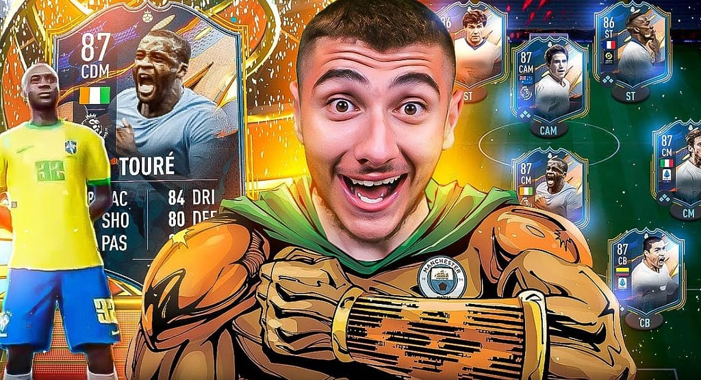 A digitally illustrated image depicting football players as superheroes in EA Sports PNG style. The left side features a muscular character wearing a green cape and armor with the Manchester City badge, standing in front of Etihad Stadium. The right side showcases a superhero in a blue and yellow suit with golden gauntlets, surrounded by energy. Both characters embody power and determination, merging sports and comic book aesthetics. Superheroes in EA Sports PNG