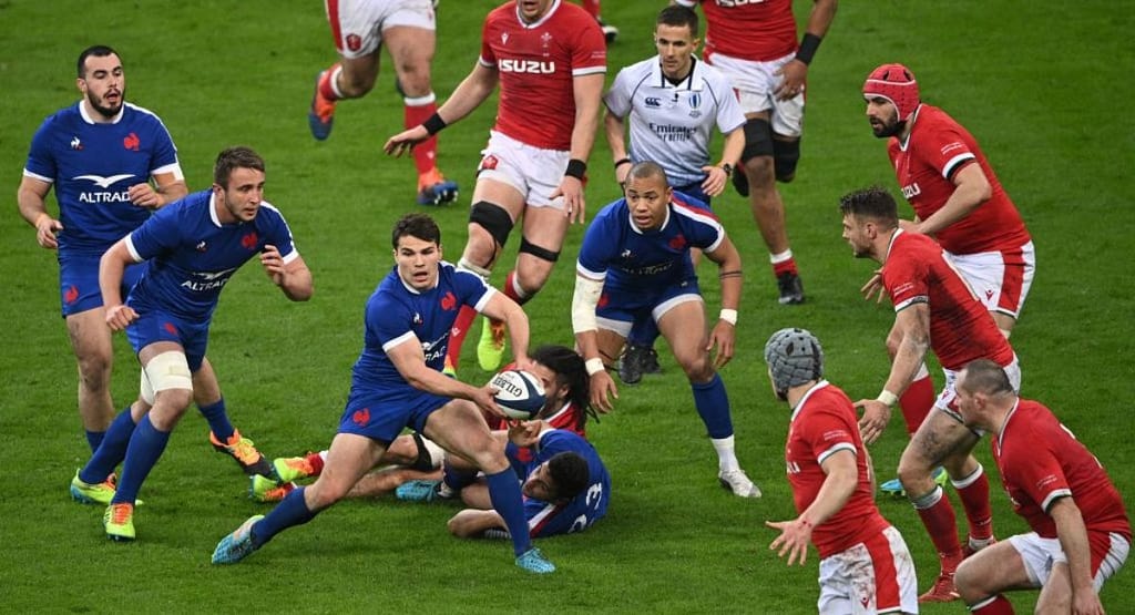 "Dynamic digital artwork of a rugby player in a green jersey representing Churcher’s Pinelands Rugby, holding a Gilbert rugby ball while in motion. The background features an energetic splash of green and white, symbolizing speed, passion, and tradition in the sport. The player's focused expression and athletic stance highlight the excellence and dedication associated with the team." France Rugby: A Global Leader in Rugby Innovation