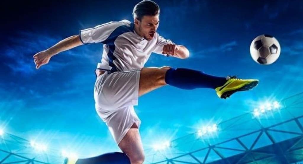 "An athletic football player demonstrating the physical traits of a linebacker in football—strength, agility, and coordination. Wearing a white and red uniform, he leaps with focus to intercept the ball against a dramatic cloudy sky backdrop." Strength and Toughness