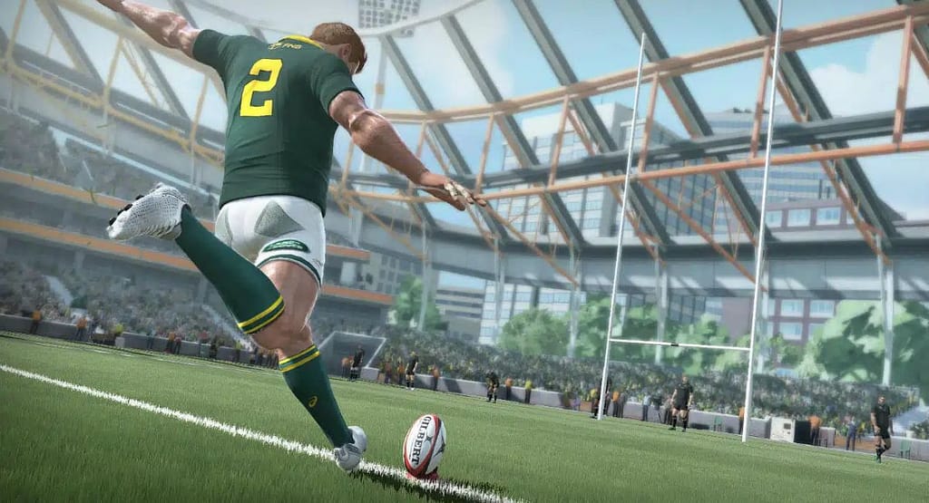 "Dynamic digital artwork of a rugby player in a green jersey representing Churcher’s Pinelands Rugby, holding a Gilbert rugby ball while in motion. The background features an energetic splash of green and white, symbolizing speed, passion, and tradition in the sport. The player's focused expression and athletic stance highlight the excellence and dedication associated with the team."