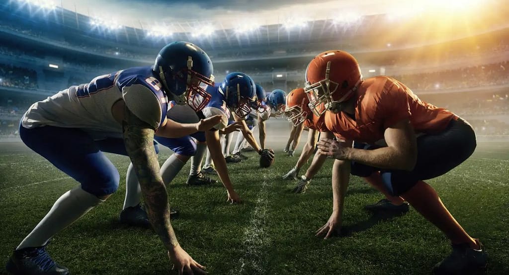 "A visually striking image of an American football player in mid-air, fully extended to catch a football. He wears a navy blue jersey with the number 7, a helmet with a dark visor, gloves, and white football pants with blue stripes. The background features a large stadium with empty seats beneath a dramatic cloudy sky, capturing the intensity and athleticism of the moment. This image represents the essence of an 'American football persona poem,' symbolizing determination, skill, and the spirit of the game.