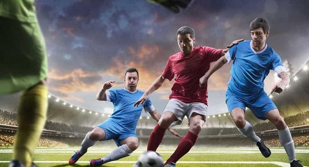 "An athletic football player demonstrating the physical traits of a linebacker in football strength, agility, and coordination. Wearing a white and red uniform, he leaps with focus to intercept the ball against a dramatic cloudy sky backdrop."