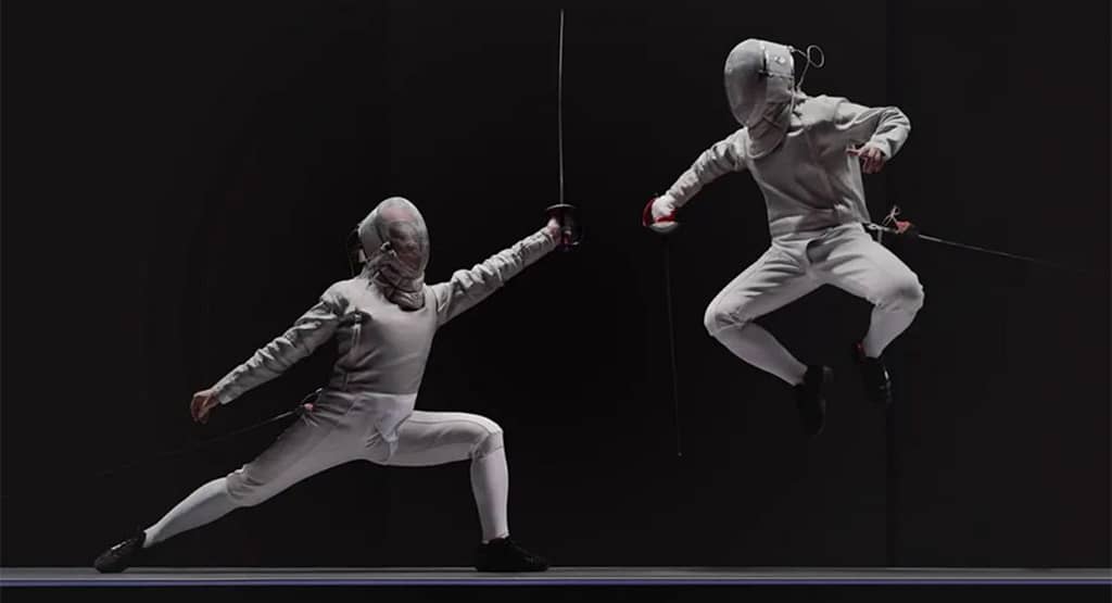 "Two fencers in mid-action during a high-speed bout, each demonstrating precise timing and explosive movement. One fencer lunges forward while the other parries with agile footwork and blade control showcasing the critical role of tempo and timing in competitive fencing."