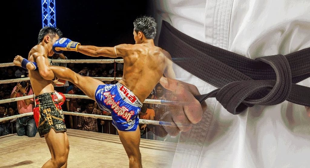 "Muay Thai practitioners wearing colored Pra Jiad armbands—white, yellow, green, blue, red, and black—symbolizing progression in Western-adapted ranking systems, standing in a gym setting."