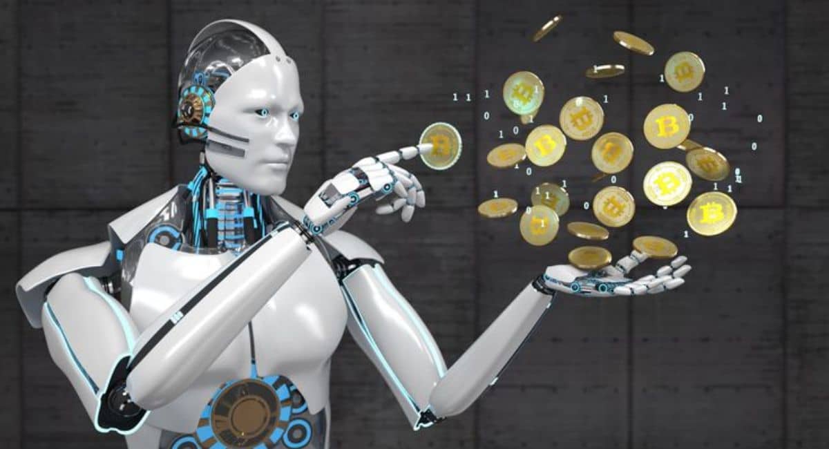 "AI-Powered Sports Models to Predict Tournament Outcomes, depicting a humanoid robot using advanced technology and data analytics represented by floating cryptocurrency coins, symbolizing the integration of AI in forecasting sports and e-sports results."