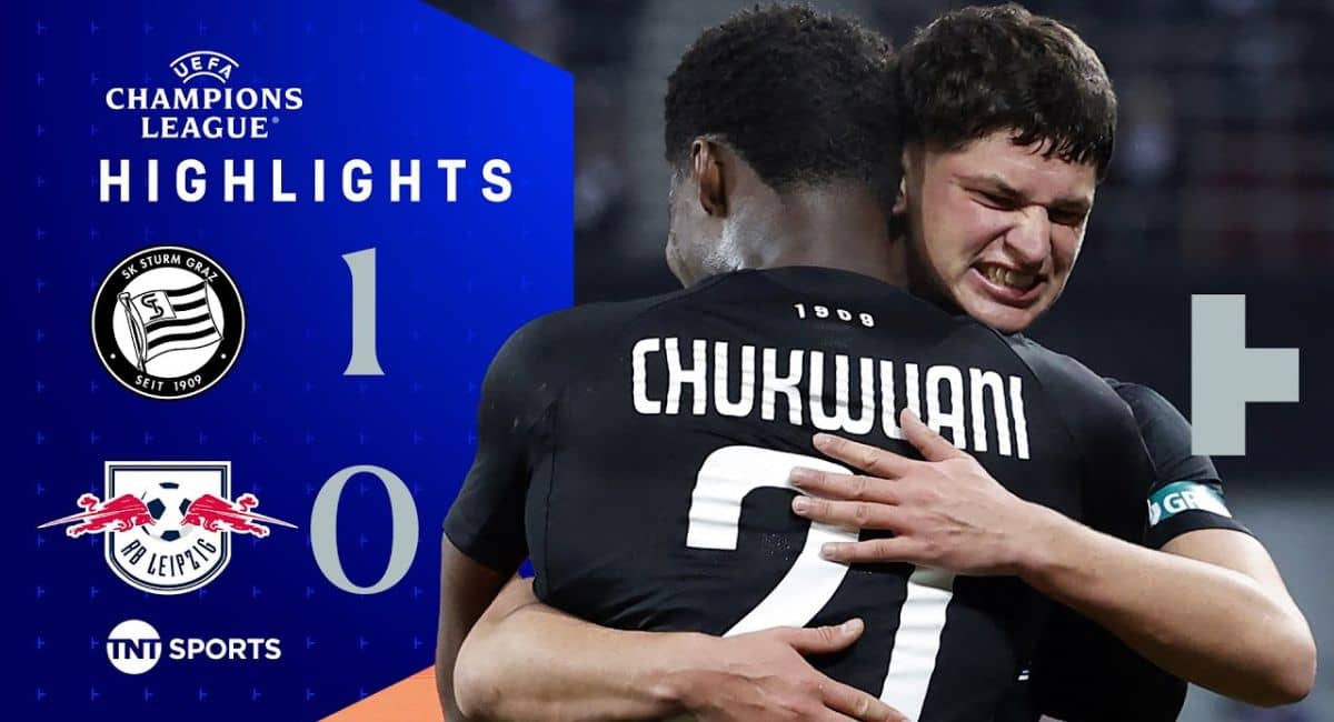 "Football Bros celebrate a victory in the UEFA Champions League as SK Sturm Graz secures a 1-0 win against RB Leipzig. Two teammates embrace joyfully, with 'Chukwiani' visible on the jersey, highlighting the intense emotions of the match. The TNT Sports highlights graphic displays the final score and team logos."