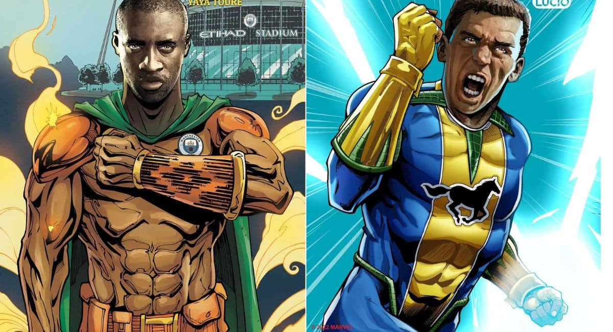 Superheroes in EA Sports PNG. A digitally illustrated image depicting football players as superheroes in EA Sports PNG style. The left side features a muscular character wearing a green cape and armor with the Manchester City badge, standing in front of Etihad Stadium. The right side showcases a superhero in a blue and yellow suit with golden gauntlets, surrounded by energy. Both characters embody power and determination, merging sports and comic book aesthetics