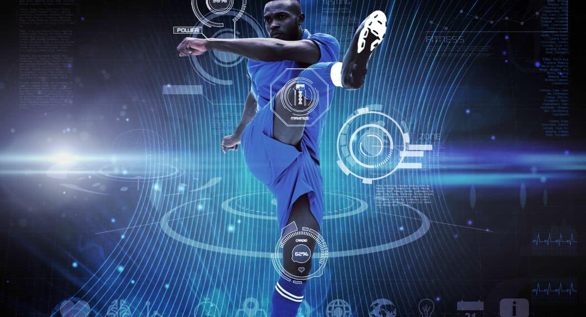 The Impact of Technology on the Future of Sports. A futuristic stadium filled with vibrant LED screens, holographic displays, and advanced wearable technology on athletes. The image showcases a blend of augmented reality visuals, smart sensors tracking player movements, and fans engaging through interactive devices. A robotic assistant on the sidelines emphasizes the integration of AI and automation in sports.